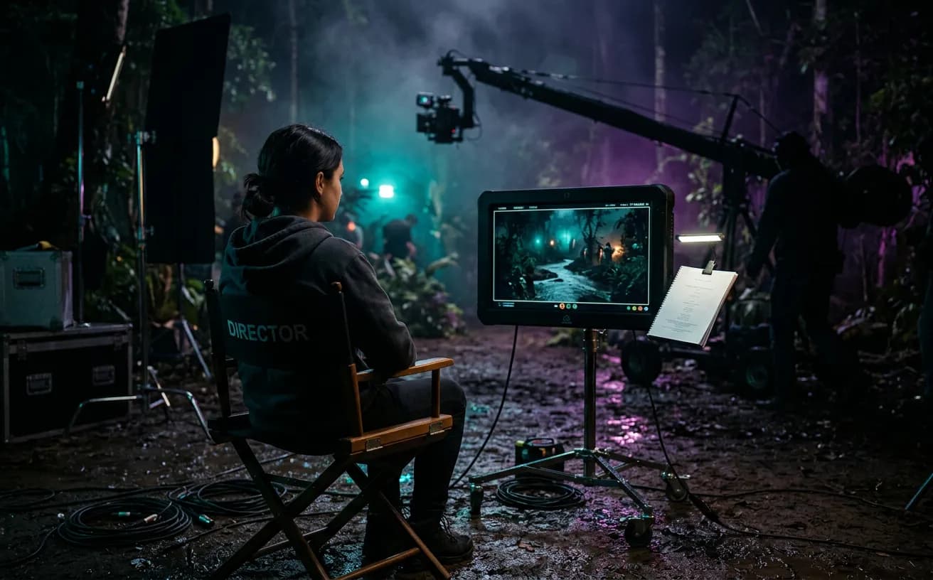 A video village monitor setup on set, where Ariel reviews takes alongside the director